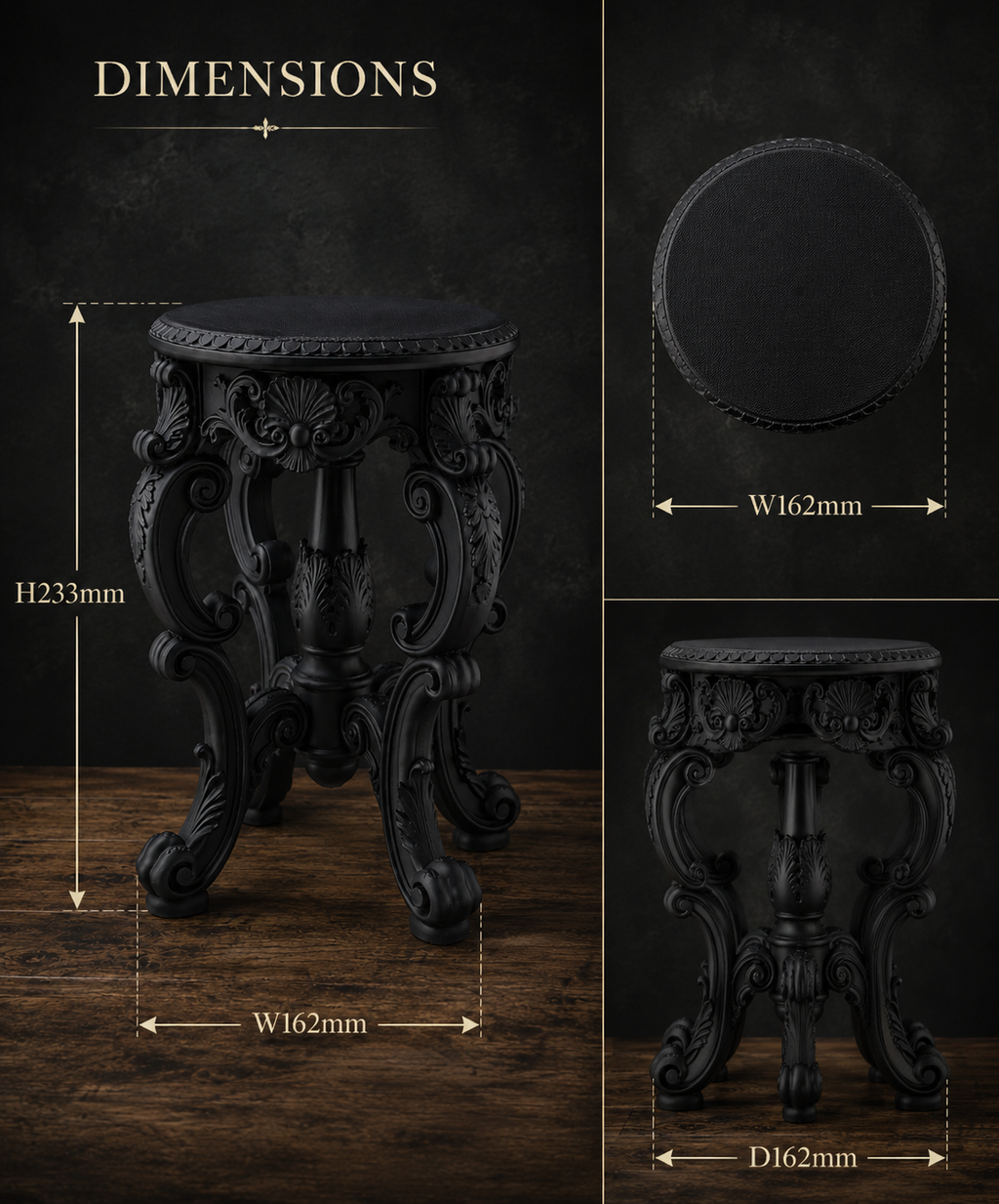 The Ebony Garden — Floor Plant Stand, Tall Baroque Gothic Pedestal, Hand-Painted