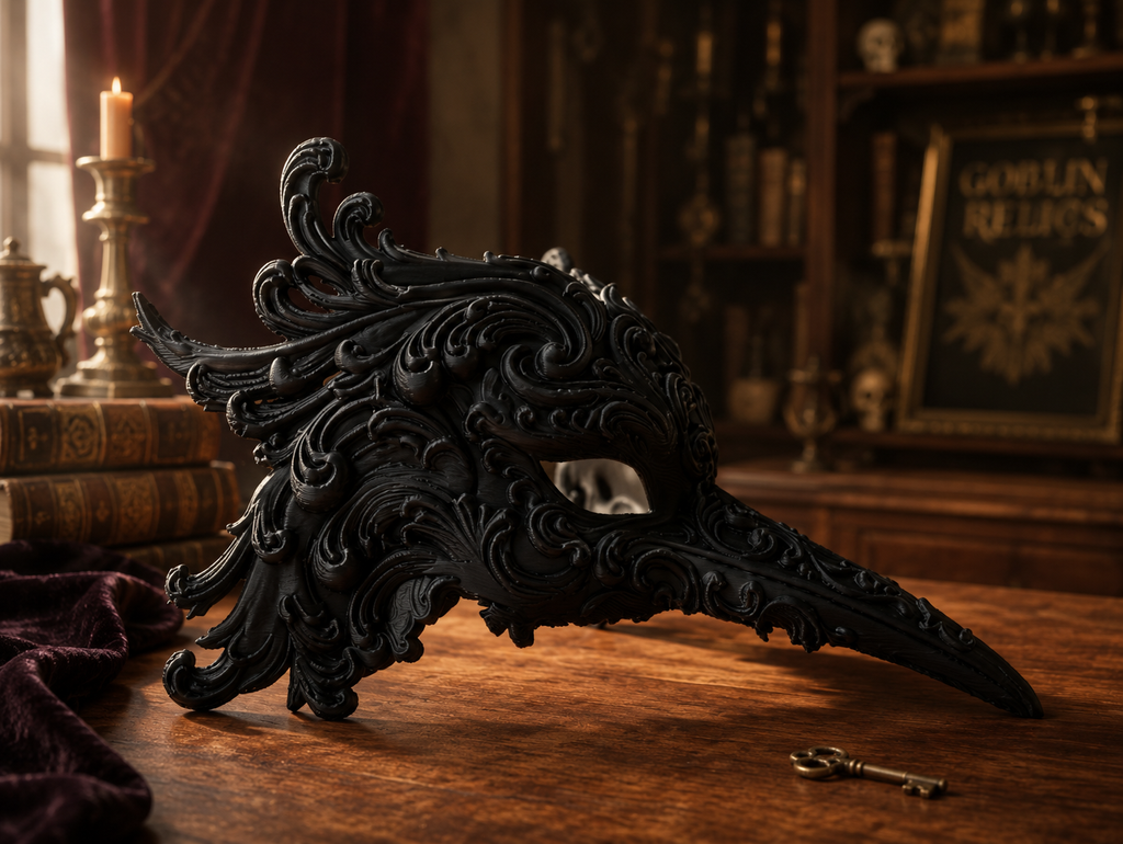 The Ebony Flight — Bird Masquerade Mask, Baroque Beak Mask, Hand-Painted