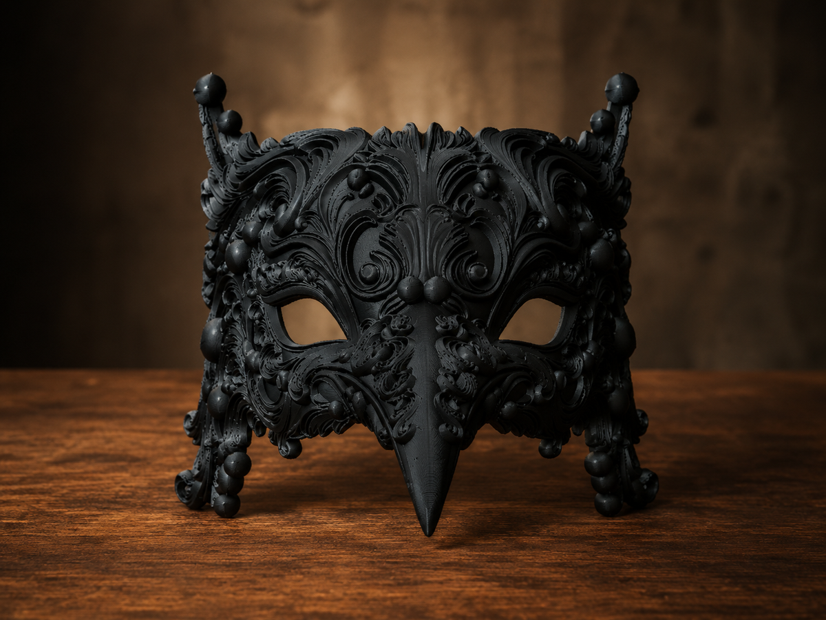 The Ebony Flight — Bird Masquerade Mask, Baroque Beak Mask, Hand-Painted
