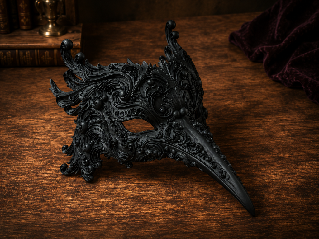 The Ebony Flight — Bird Masquerade Mask, Baroque Beak Mask, Hand-Painted