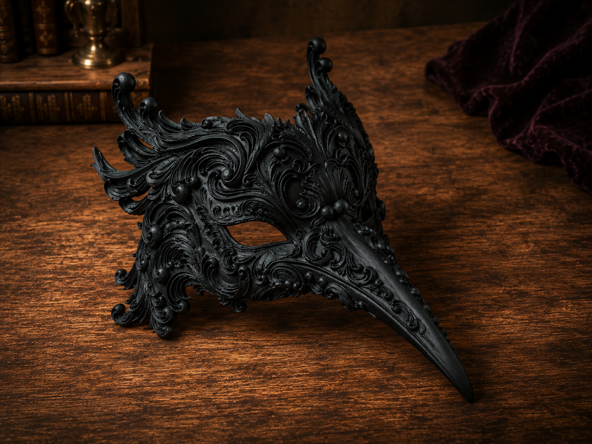 The Ebony Flight — Bird Masquerade Mask, Baroque Beak Mask, Hand-Painted