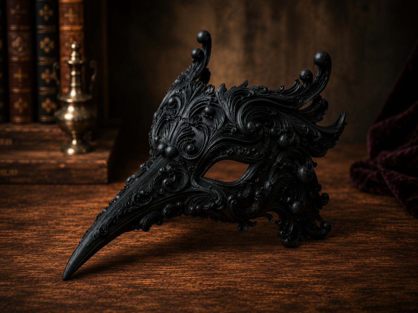 The Ebony Flight — Bird Masquerade Mask, Baroque Beak Mask, Hand-Painted