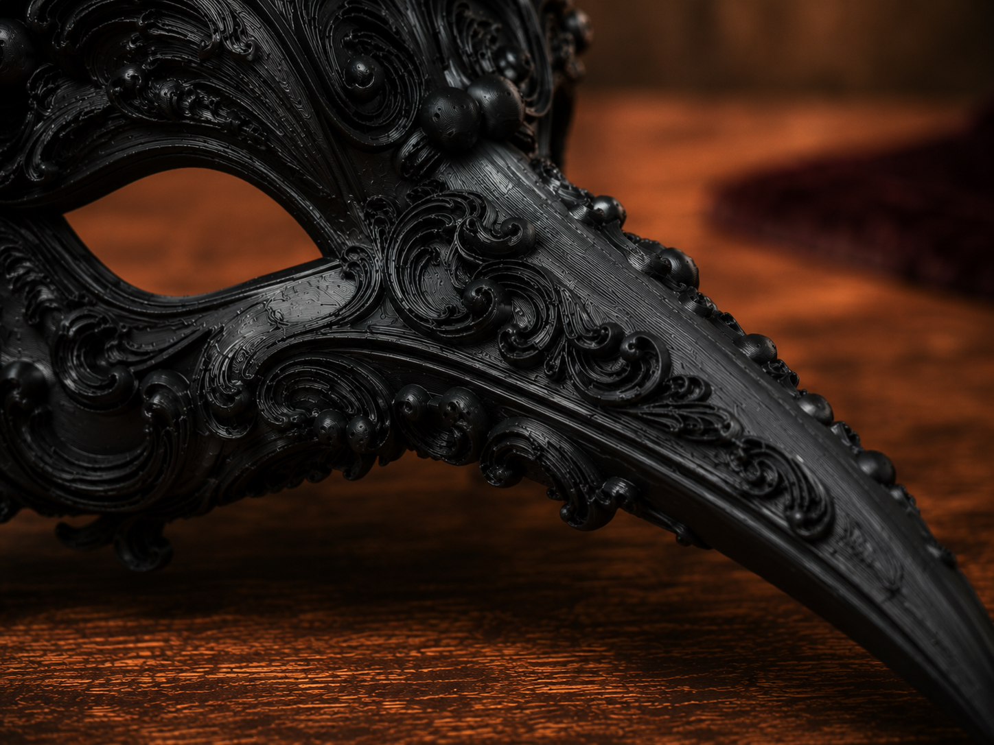 The Ebony Flight — Bird Masquerade Mask, Baroque Beak Mask, Hand-Painted