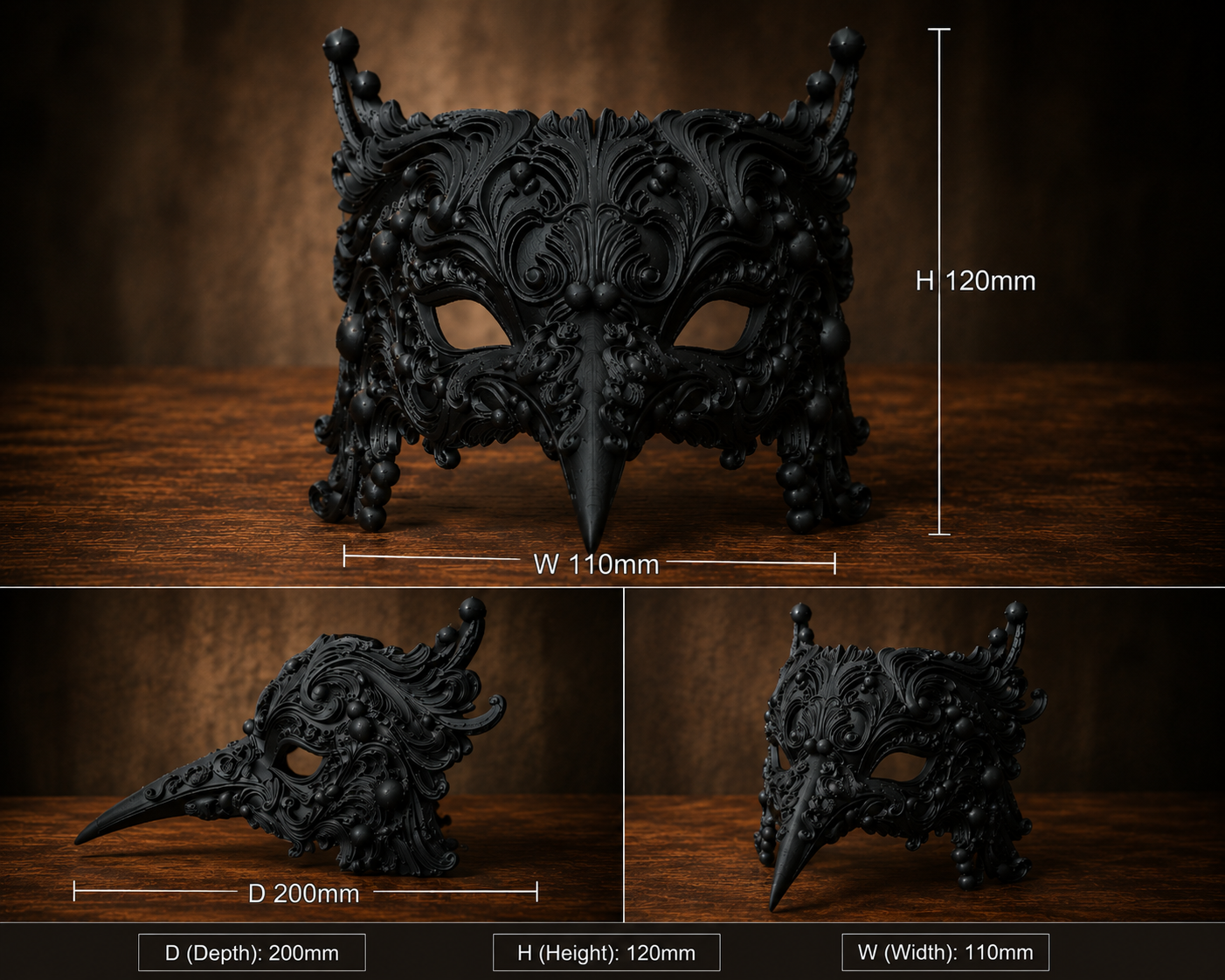 The Ebony Flight — Bird Masquerade Mask, Baroque Beak Mask, Hand-Painted