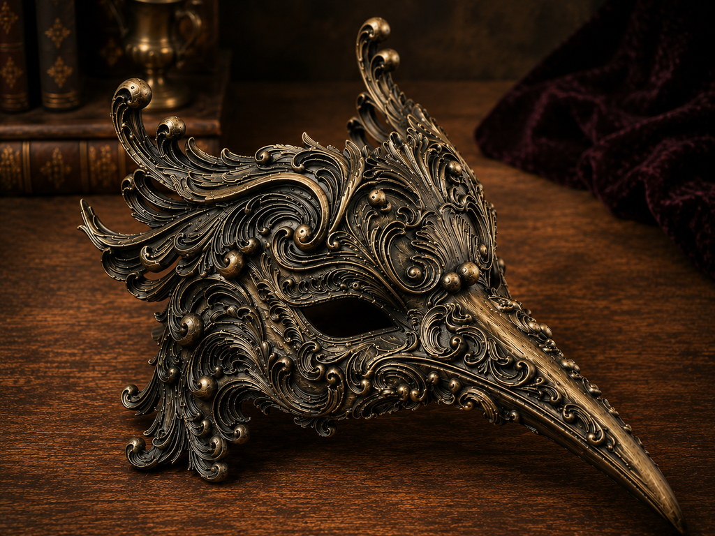 The Ebony Flight — Bird Masquerade Mask, Baroque Beak Mask, Hand-Painted