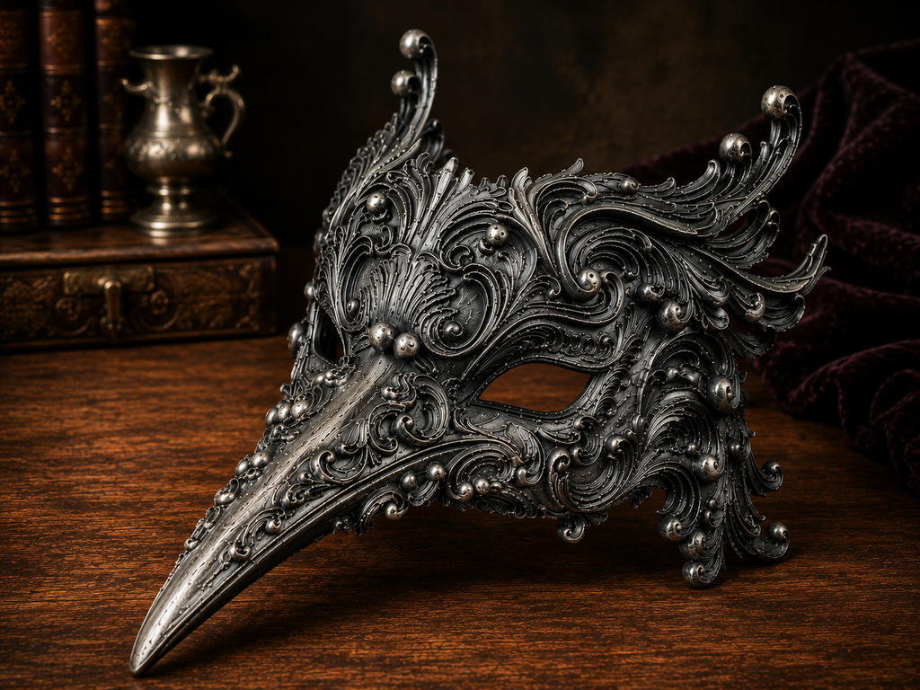The Ebony Flight — Bird Masquerade Mask, Baroque Beak Mask, Hand-Painted