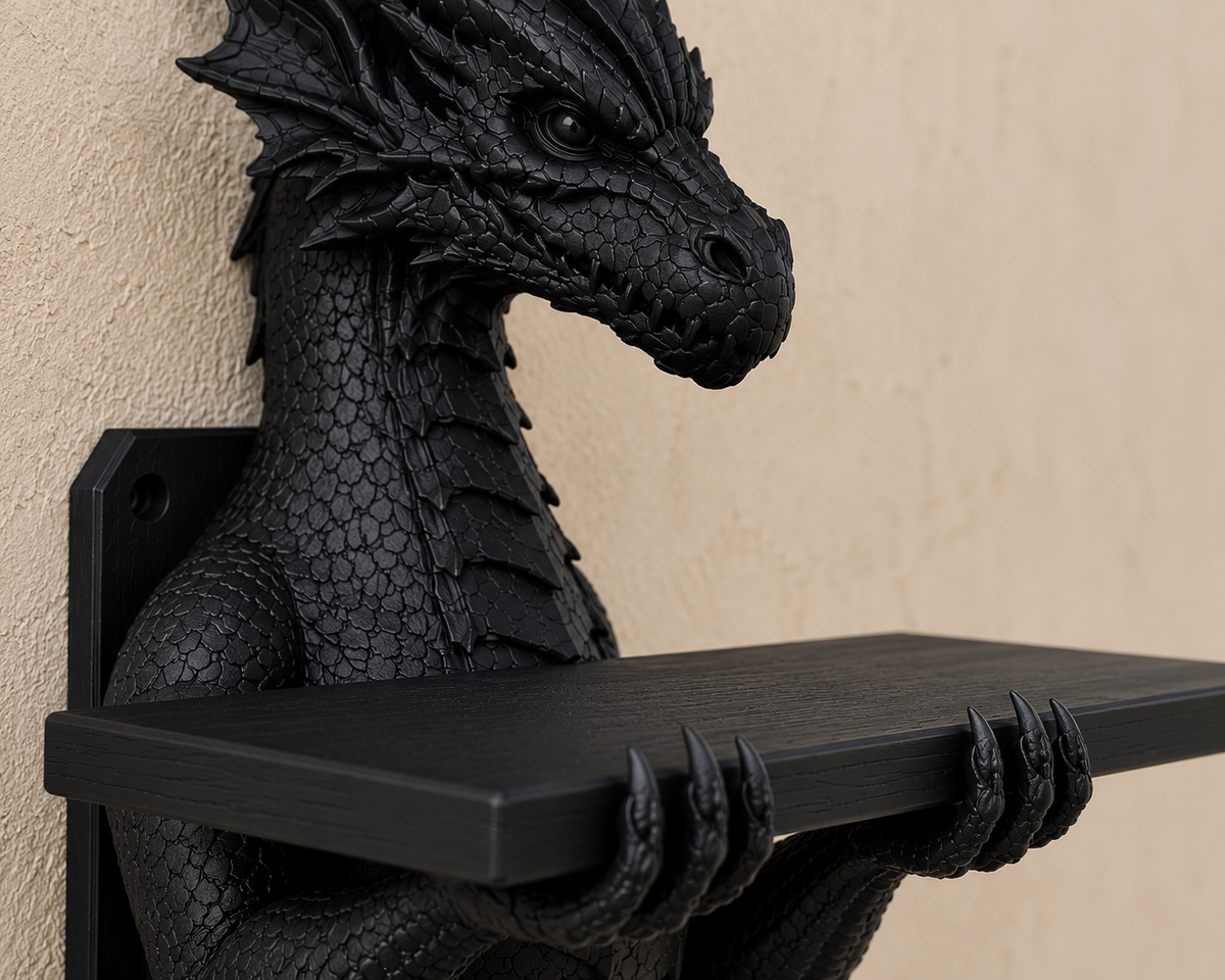 The Grimoire Guardian — Dragon Wall Shelf, Gothic Book & Crystal Shelf, Hand-Painted