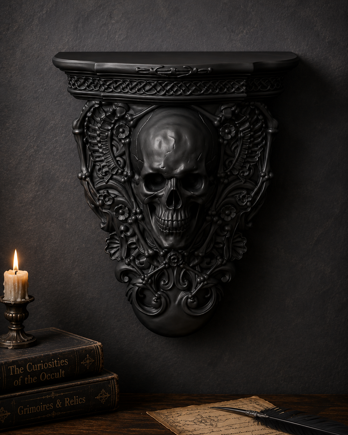 The Bone Chapel — Skull Wall Shelf, Gothic Crystal & Candle Shelf, Hand-Painted