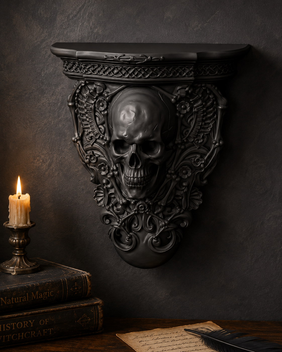 The Bone Chapel — Skull Wall Shelf, Gothic Crystal & Candle Shelf, Hand-Painted