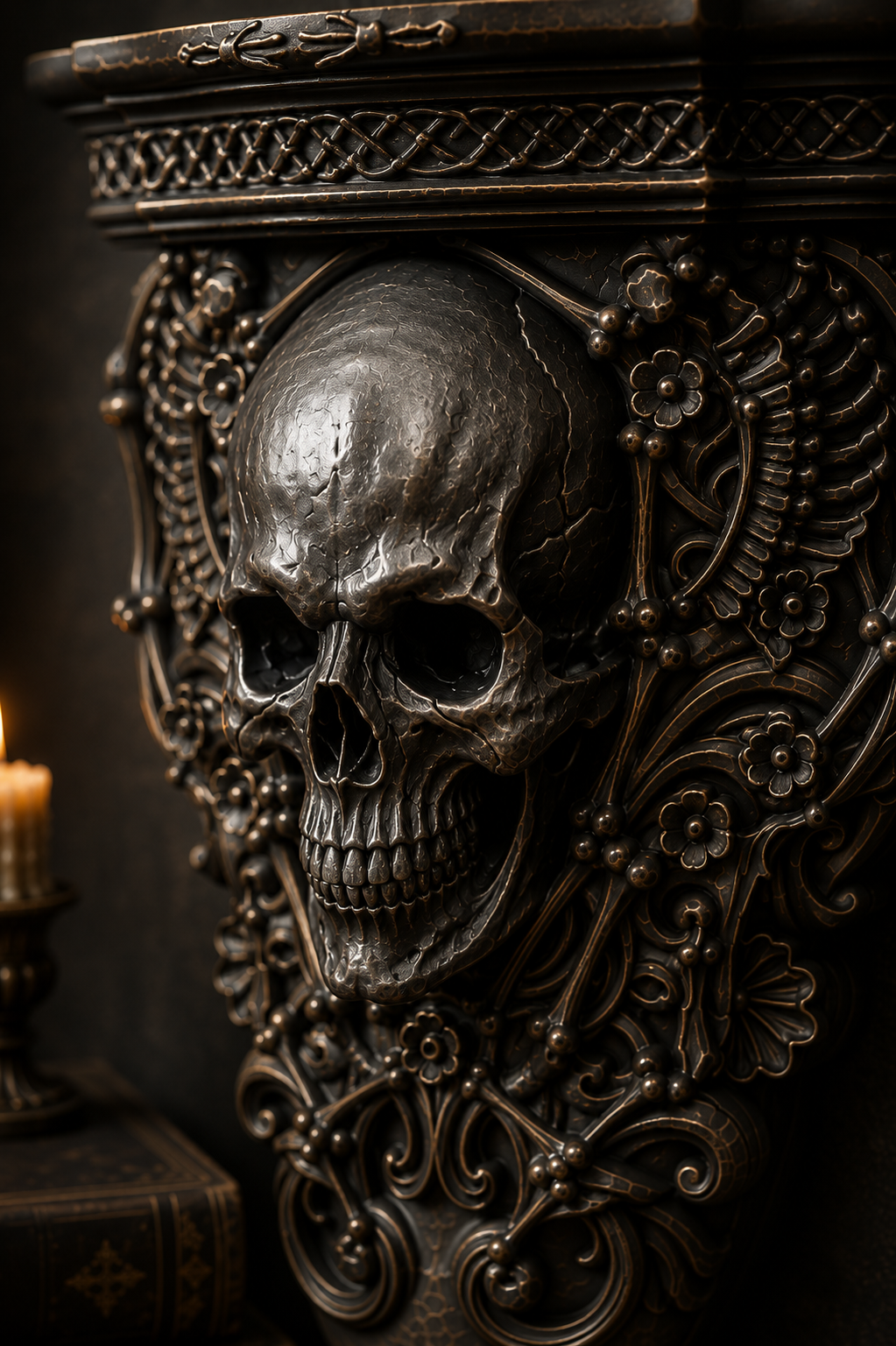 The Bone Chapel — Skull Wall Shelf, Gothic Crystal & Candle Shelf, Hand-Painted
