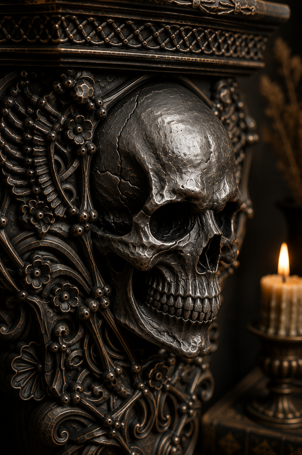 The Bone Chapel — Skull Wall Shelf, Gothic Crystal & Candle Shelf, Hand-Painted
