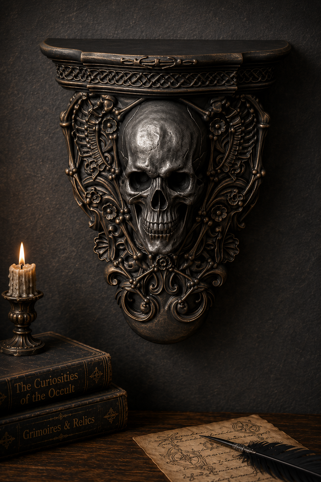 The Bone Chapel — Skull Wall Shelf, Gothic Crystal & Candle Shelf, Hand-Painted