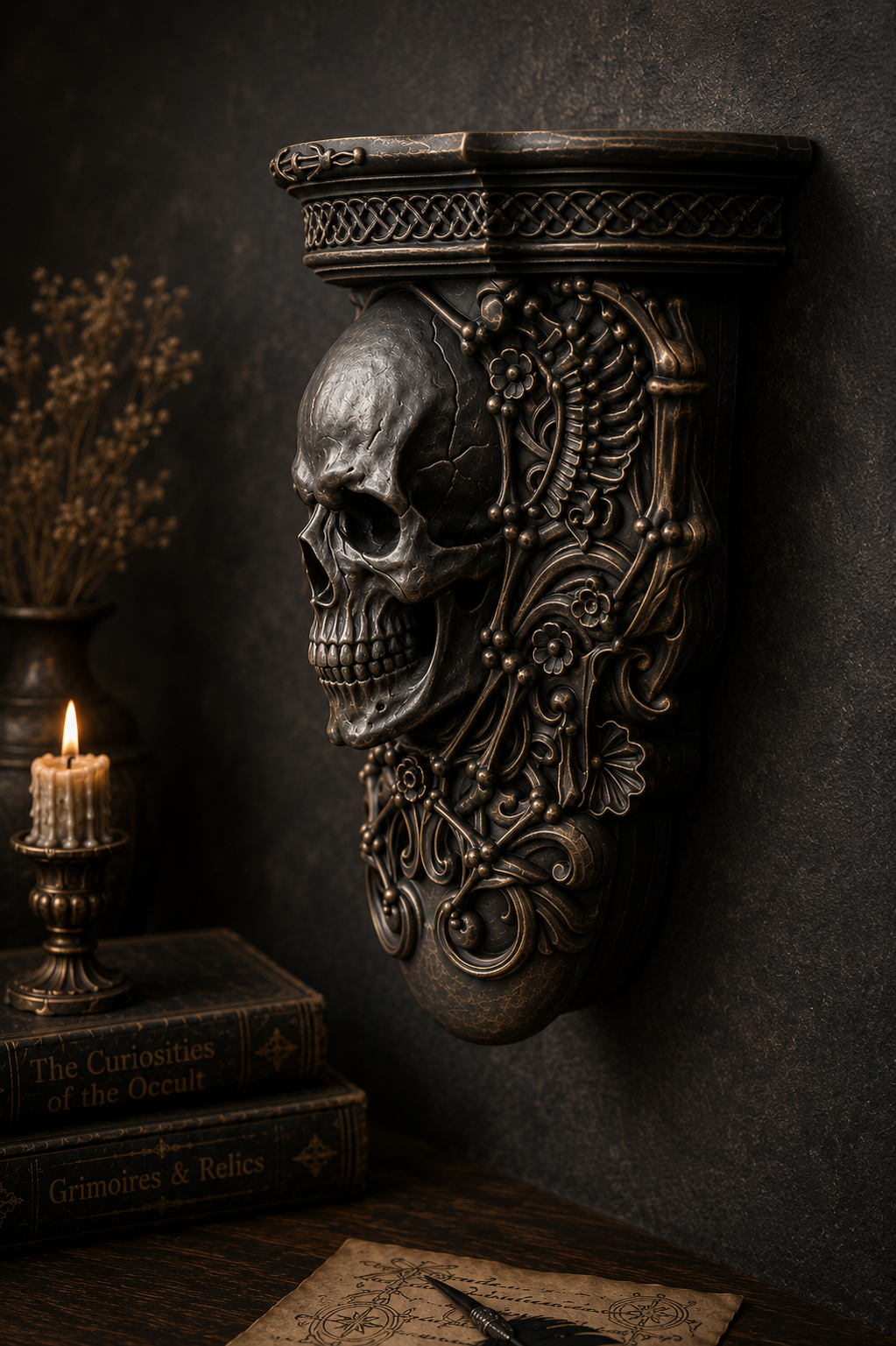 The Bone Chapel — Skull Wall Shelf, Gothic Crystal & Candle Shelf, Hand-Painted