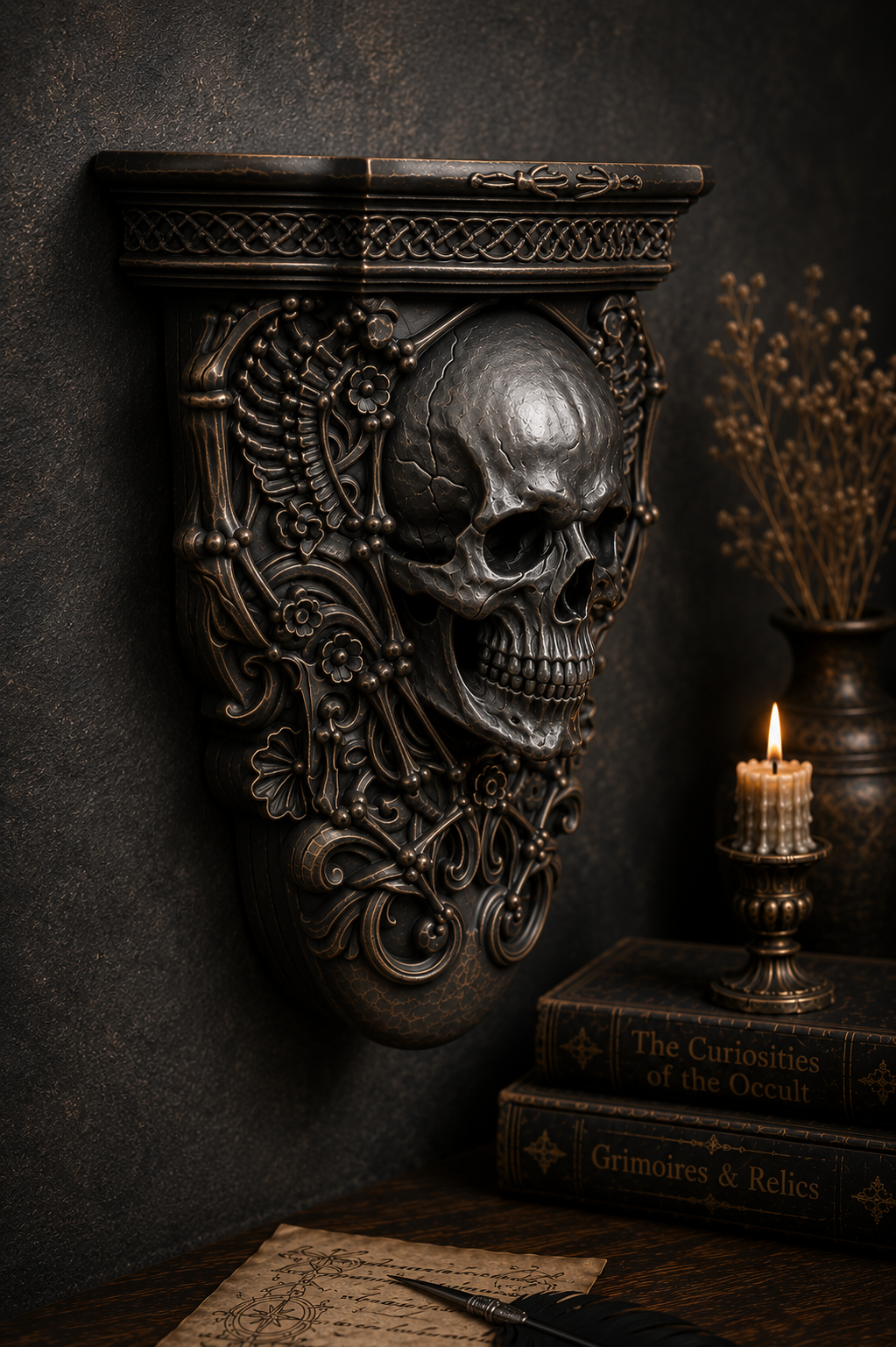 The Bone Chapel — Skull Wall Shelf, Gothic Crystal & Candle Shelf, Hand-Painted