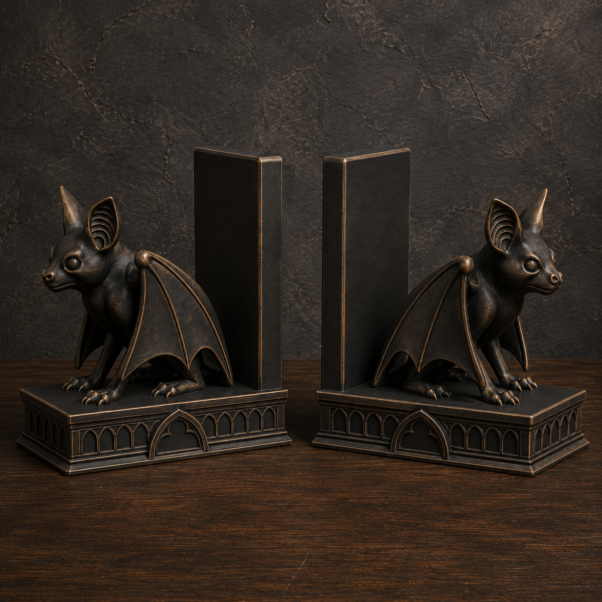 The Belfry Guard — Gothic Bat Bookend, Dark Academia Bookshelf Decor
