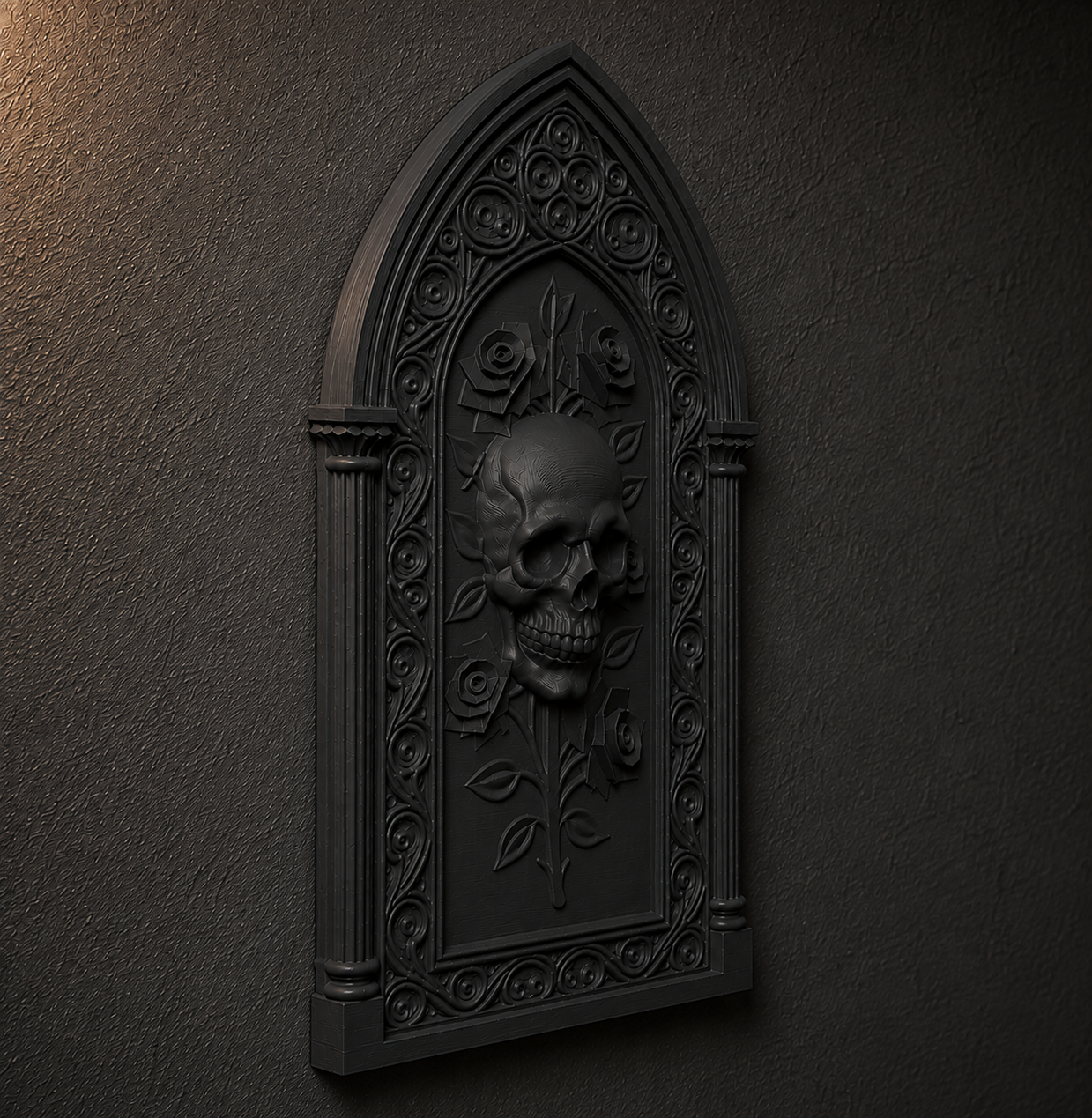 The Bone Rosary — Skull & Roses Wall Plaque, Gothic Cathedral Plaque