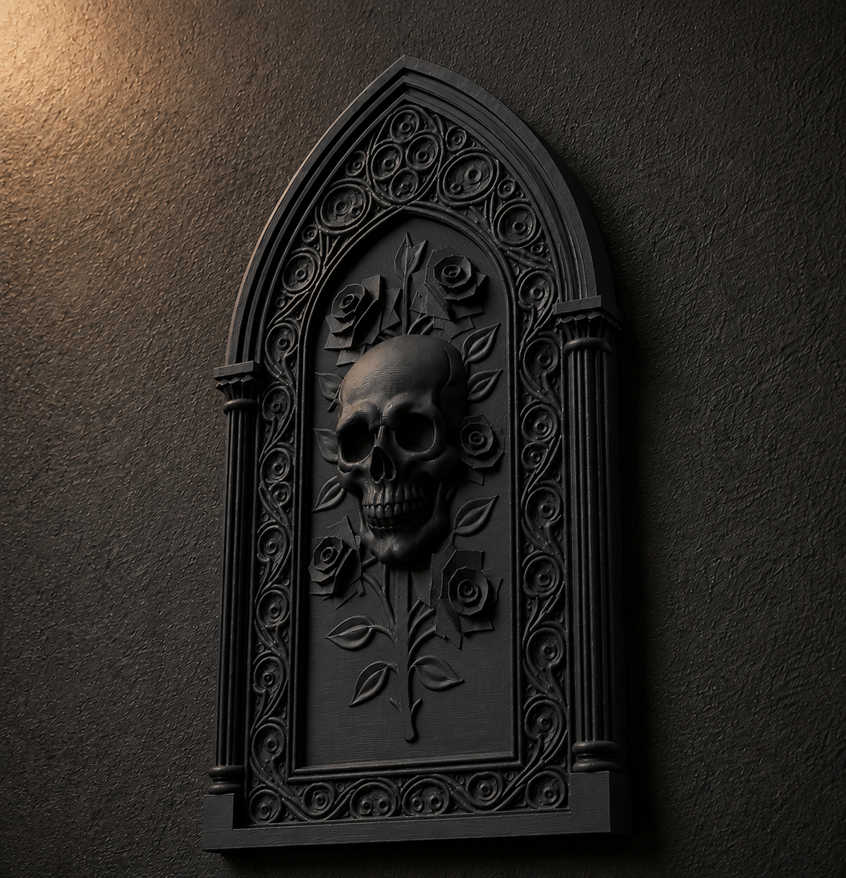 The Bone Rosary — Skull & Roses Wall Plaque, Gothic Cathedral Plaque
