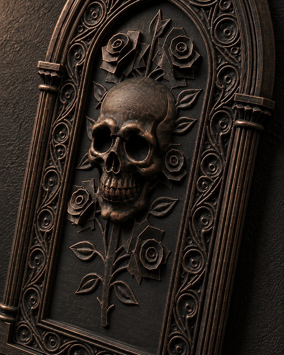 The Bone Rosary — Skull & Roses Wall Plaque, Gothic Cathedral Plaque