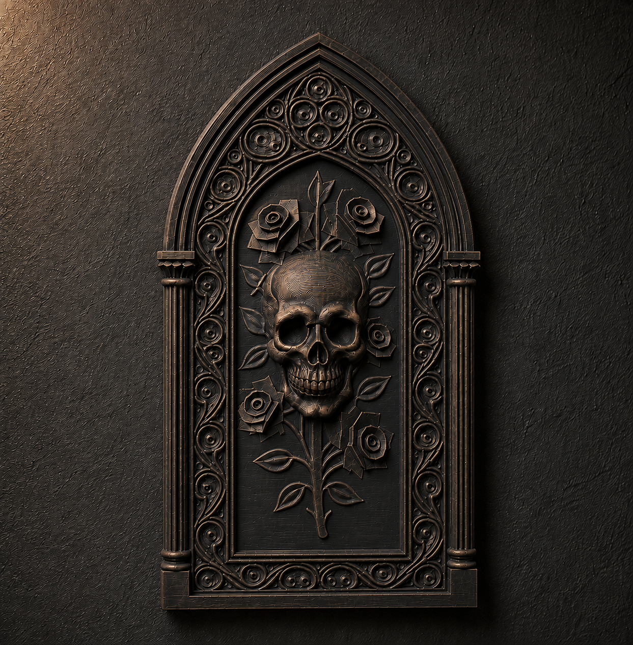 The Bone Rosary — Skull & Roses Wall Plaque, Gothic Cathedral Plaque