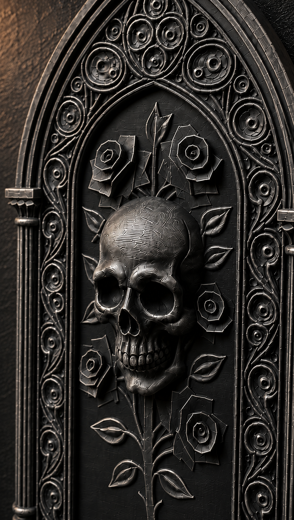 The Bone Rosary — Skull & Roses Wall Plaque, Gothic Cathedral Plaque