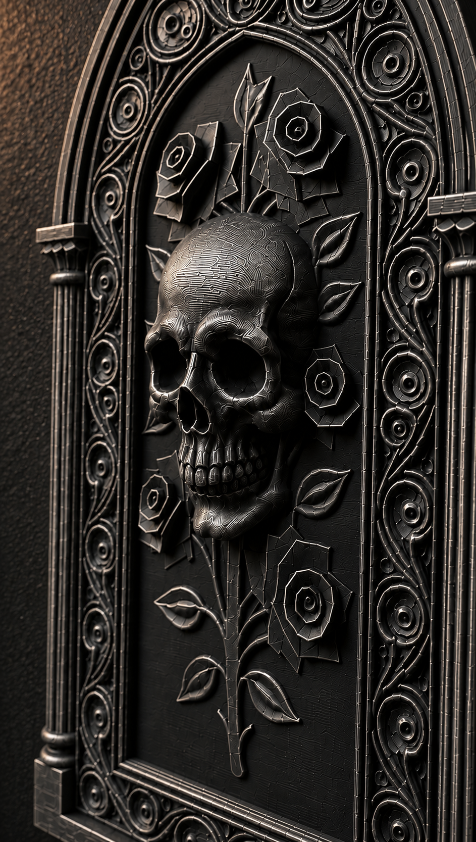 The Bone Rosary — Skull & Roses Wall Plaque, Gothic Cathedral Plaque