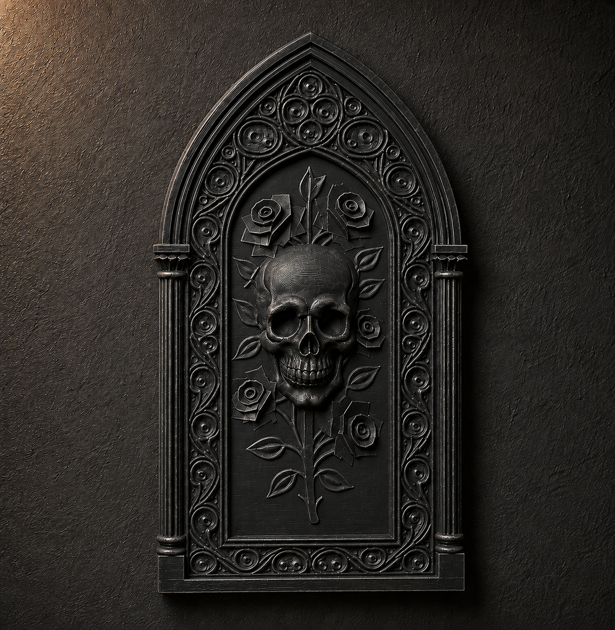 The Bone Rosary — Skull & Roses Wall Plaque, Gothic Cathedral Plaque
