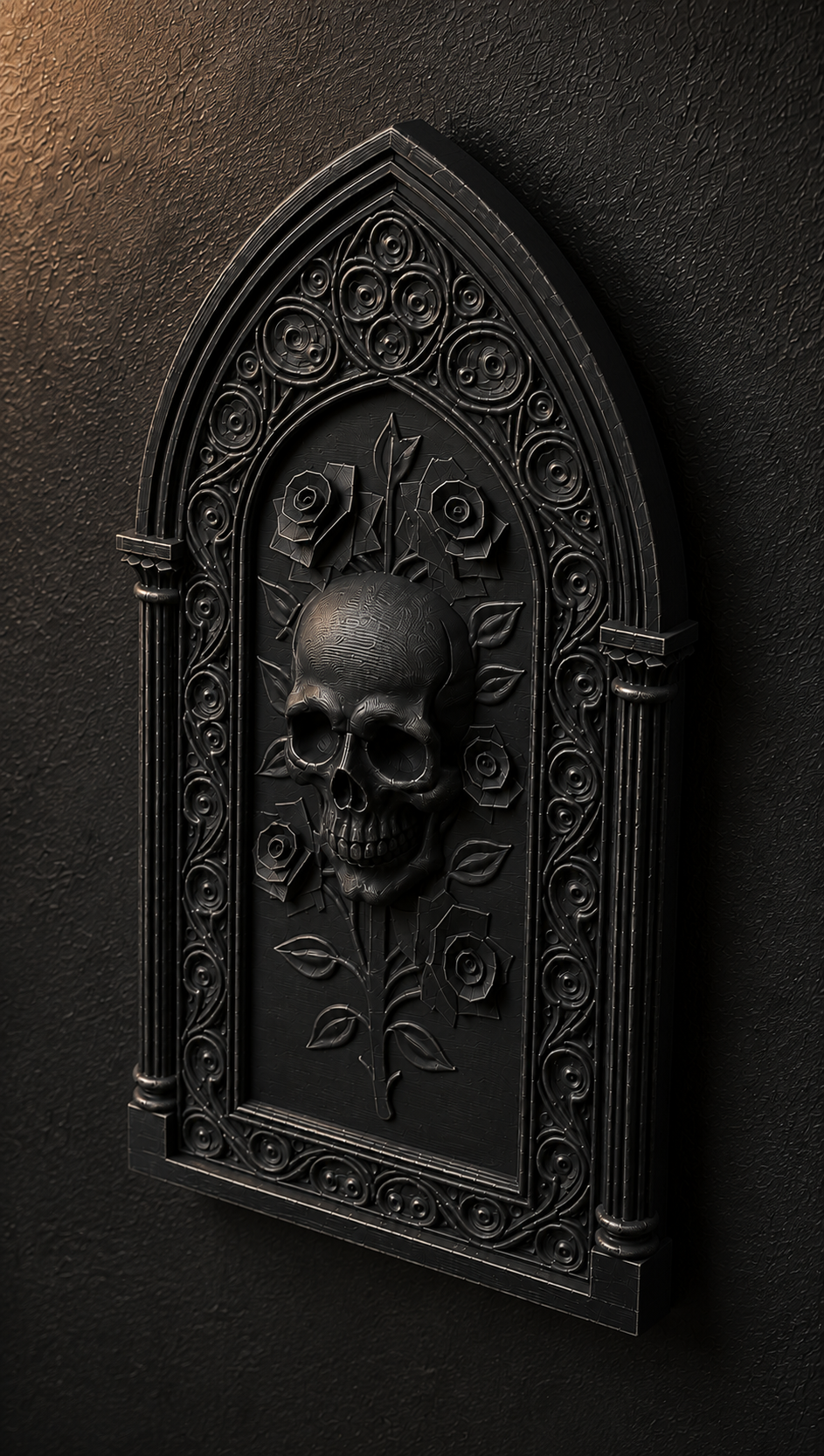 The Bone Rosary — Skull & Roses Wall Plaque, Gothic Cathedral Plaque