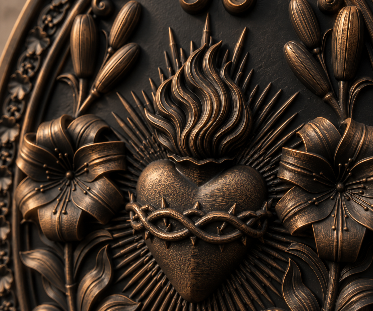 The Burning Vow — Sacred Heart Wall Plaque, Gothic Devotional Decor