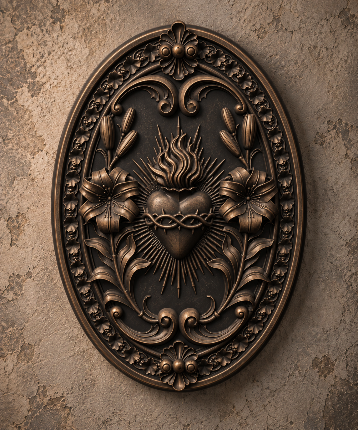 The Burning Vow — Sacred Heart Wall Plaque, Gothic Devotional Decor