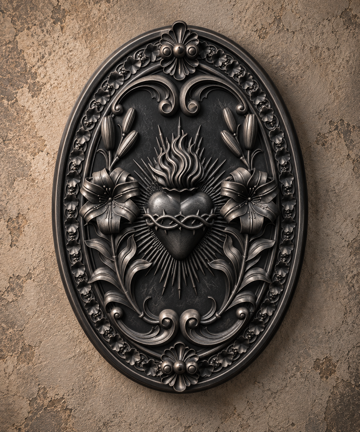 The Burning Vow — Sacred Heart Wall Plaque, Gothic Devotional Decor