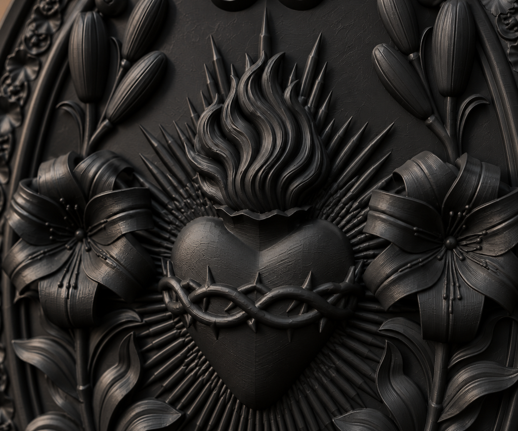 The Burning Vow — Sacred Heart Wall Plaque, Gothic Devotional Decor