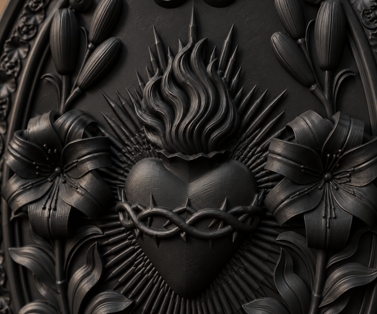 The Burning Vow — Sacred Heart Wall Plaque, Gothic Devotional Decor