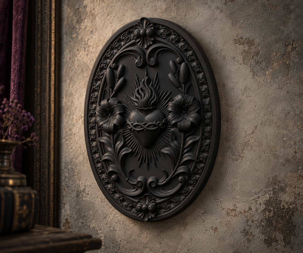 The Burning Vow — Sacred Heart Wall Plaque, Gothic Devotional Decor
