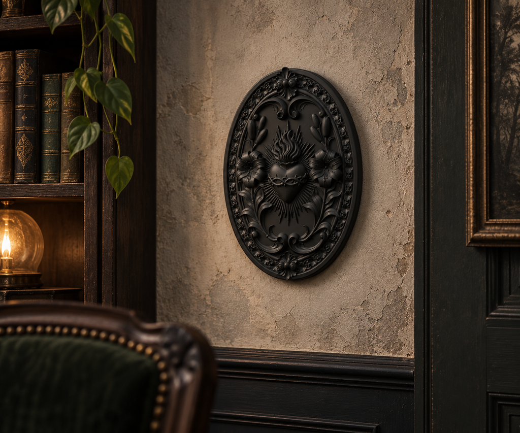 The Burning Vow — Sacred Heart Wall Plaque, Gothic Devotional Decor