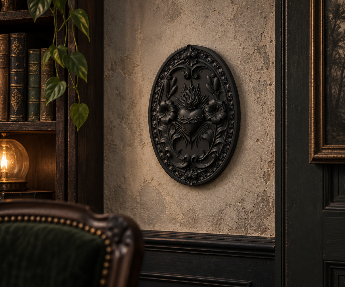 The Burning Vow — Sacred Heart Wall Plaque, Gothic Devotional Decor