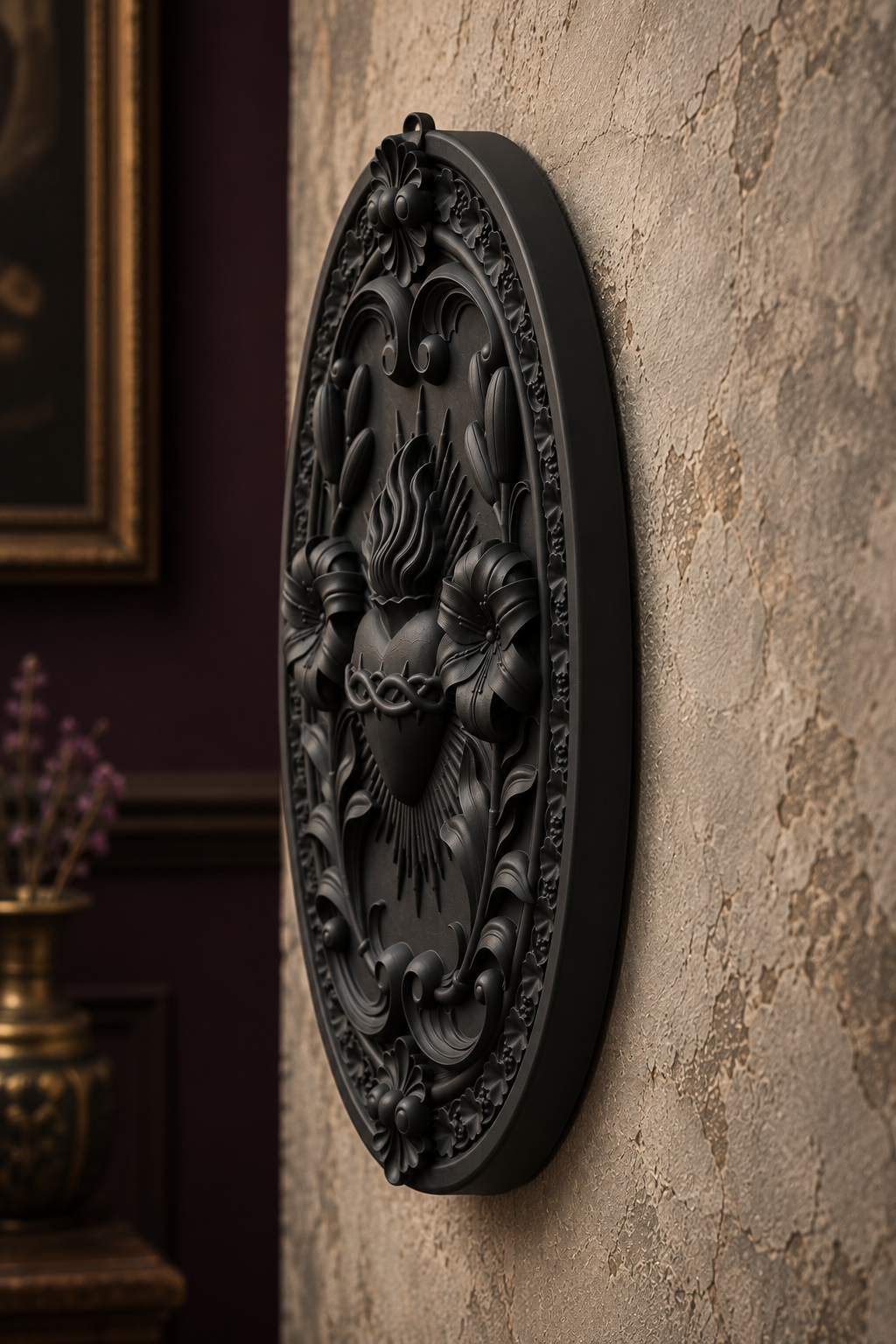 The Burning Vow — Sacred Heart Wall Plaque, Gothic Devotional Decor