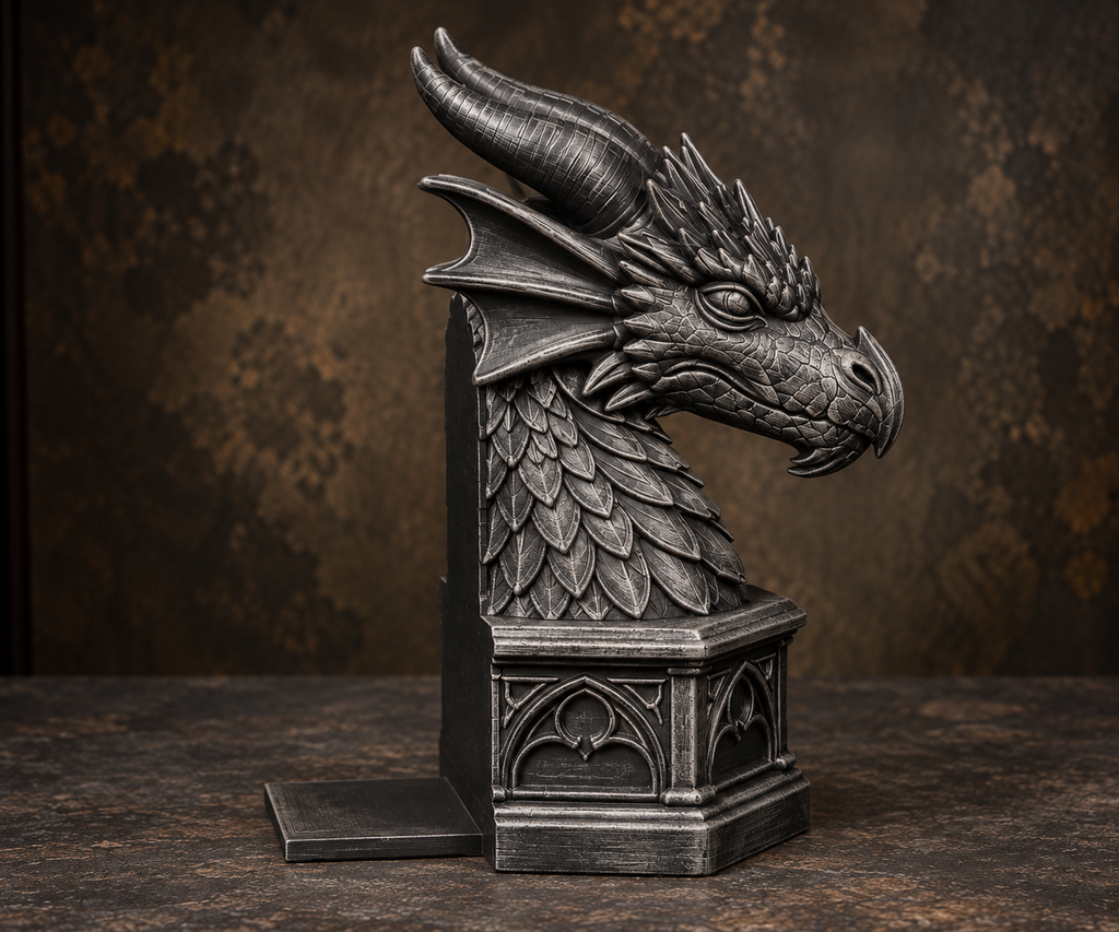 The Cloistered Drake — Dragon Cathedral Bookend, Gothic Fantasy Bookshelf Decor