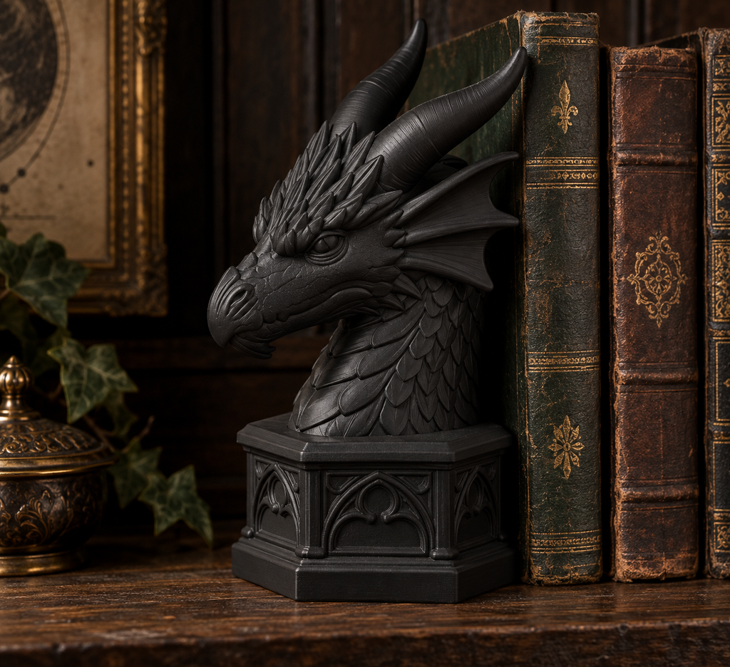 The Cloistered Drake — Dragon Cathedral Bookend, Gothic Fantasy Bookshelf Decor