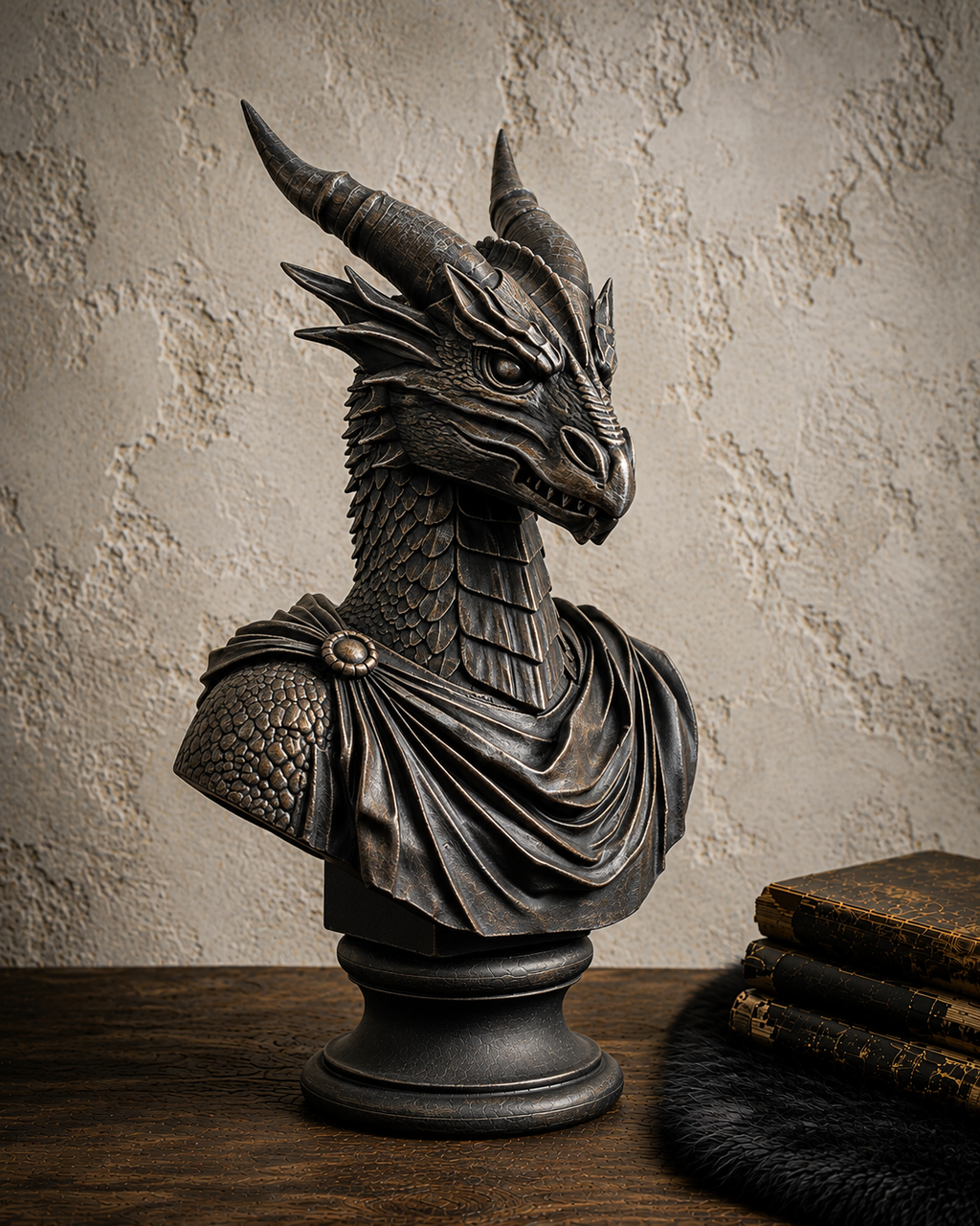 The Lorekeeper — Dragon Bust Statue, Gothic Bookshelf Decor, Hand-Painted