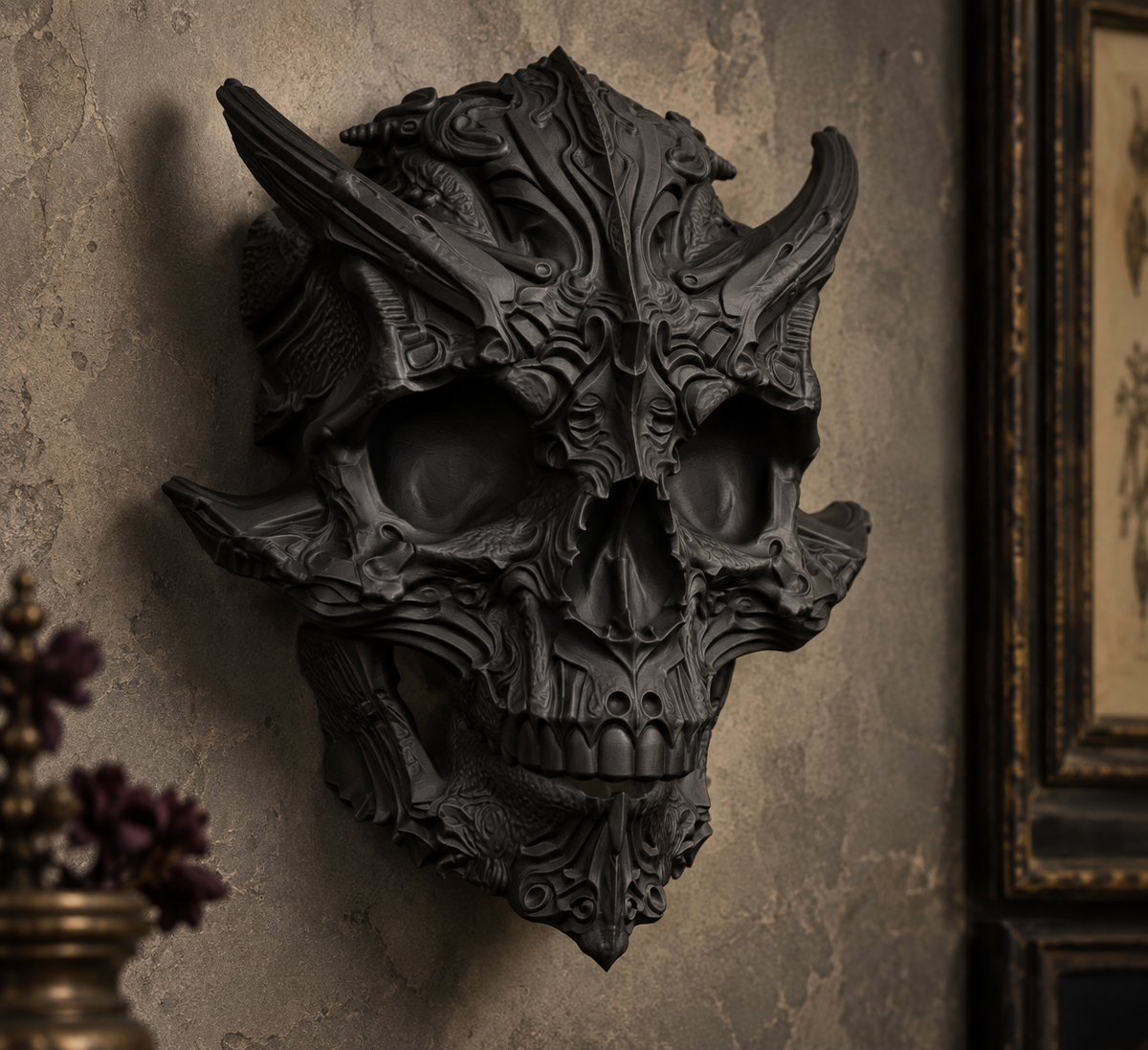 The Horned Relic — Demon Skull Wall Mount, Gothic Memento Mori Decor