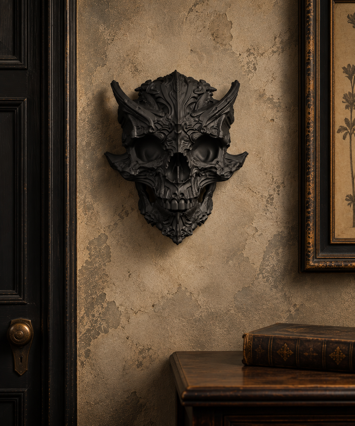 The Horned Relic — Demon Skull Wall Mount, Gothic Memento Mori Decor