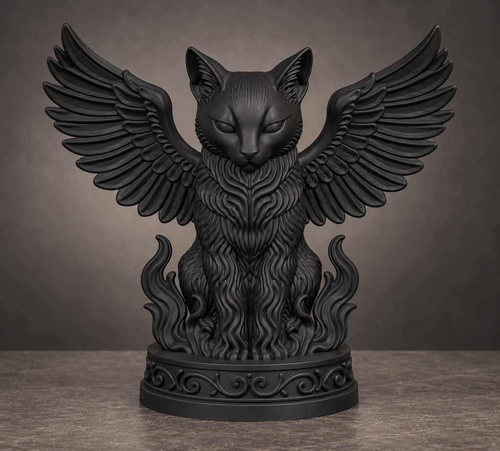 The Familiar — Winged Black Cat Figurine, Witchy Halloween Shelf Decor