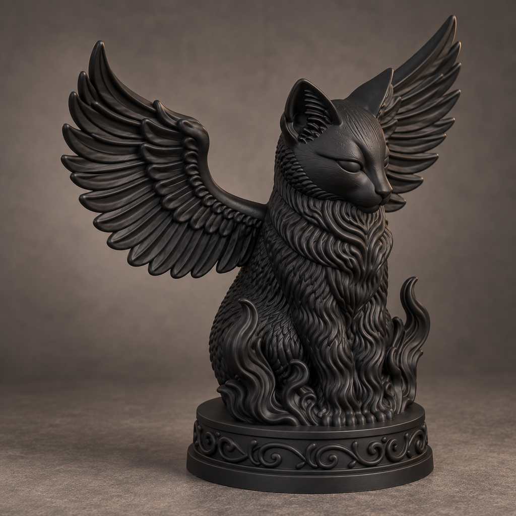 The Familiar — Winged Black Cat Figurine, Witchy Halloween Shelf Decor