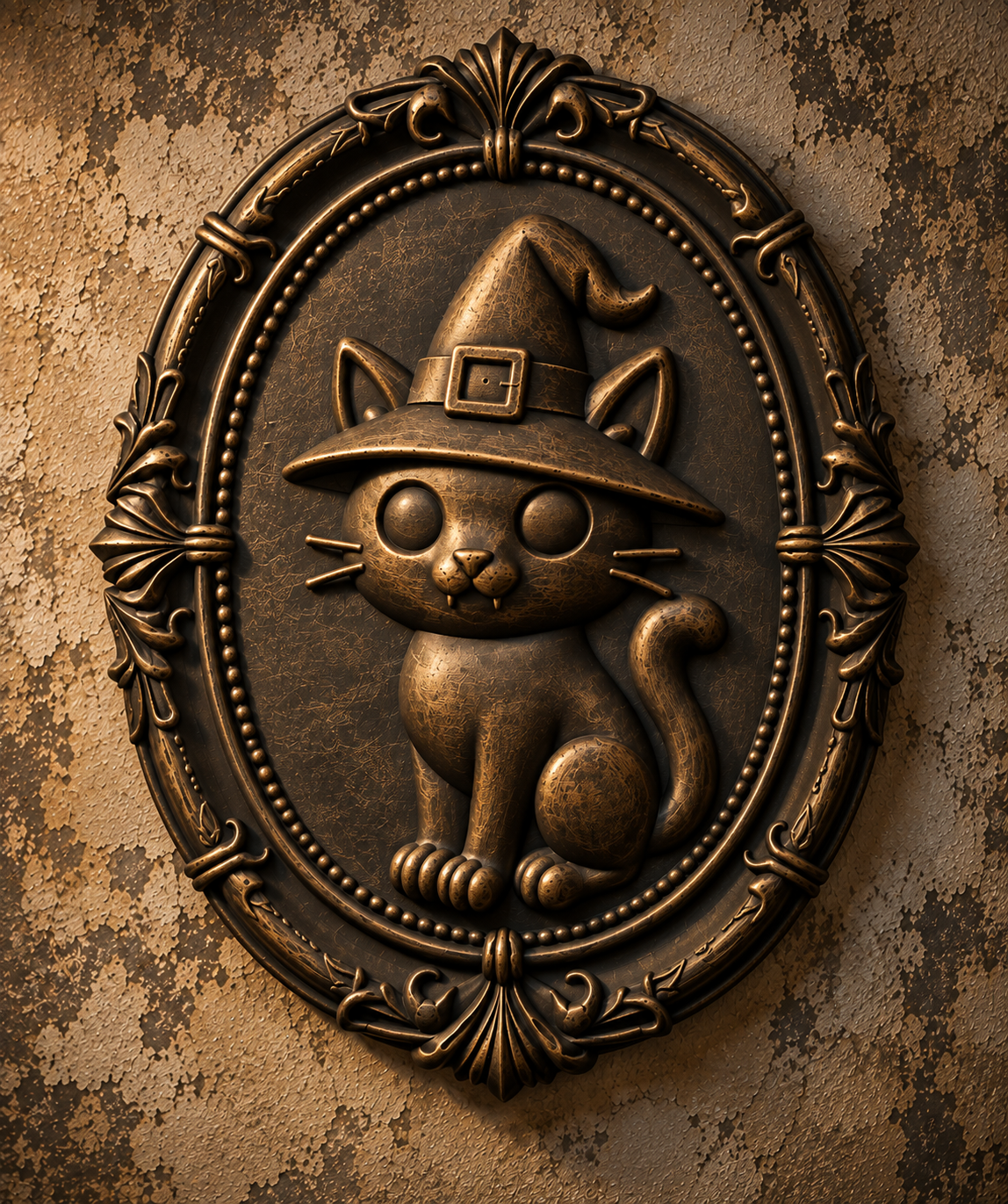 The Familiar's Ward — Witch Cat Wall Plaque, Gothic Halloween Wall Decor