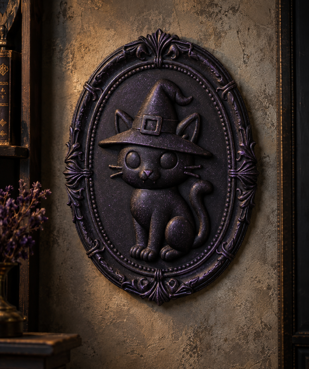 The Familiar's Ward — Witch Cat Wall Plaque, Gothic Halloween Wall Decor