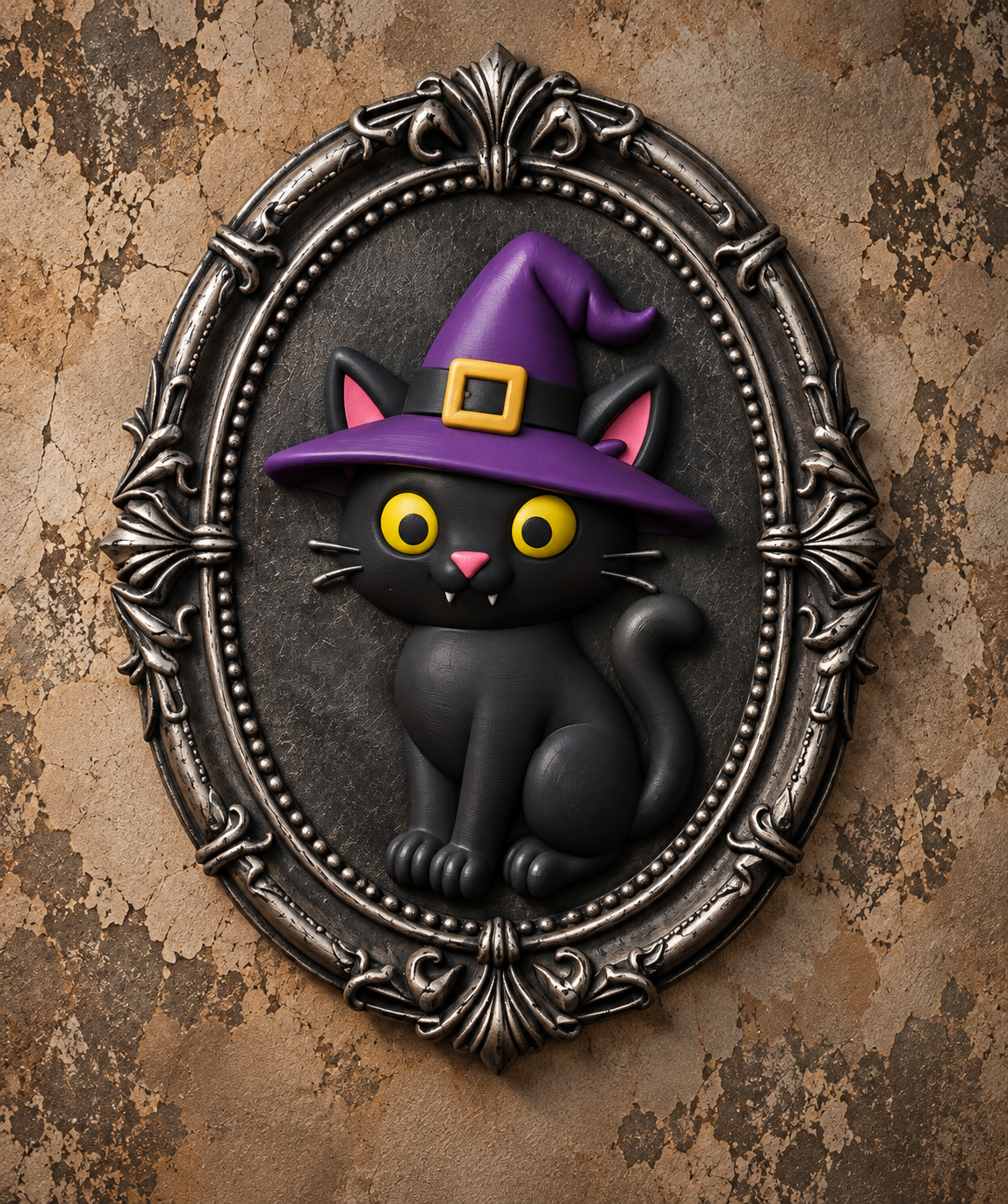 The Familiar's Ward — Witch Cat Wall Plaque, Gothic Halloween Wall Decor