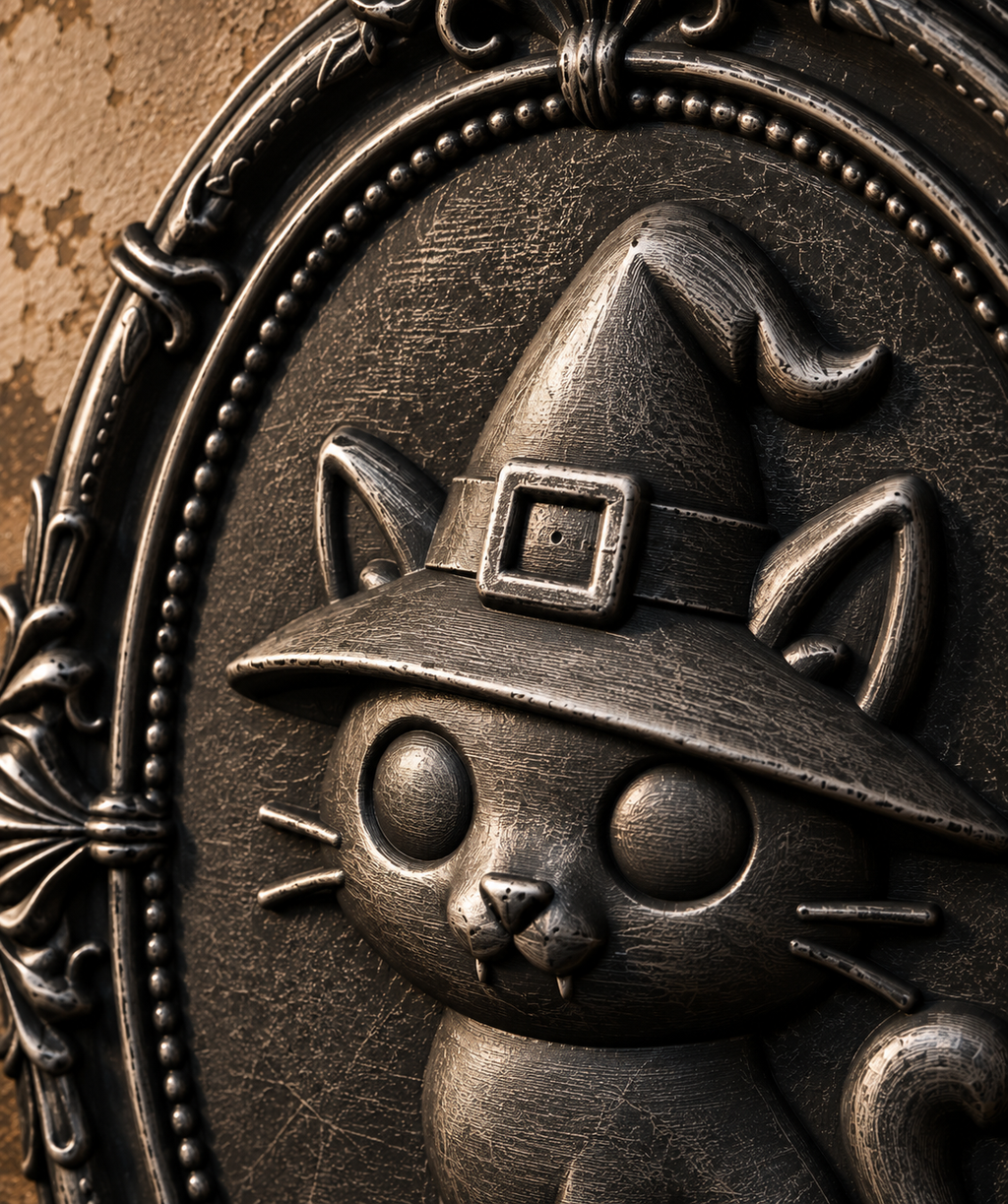 The Familiar's Ward — Witch Cat Wall Plaque, Gothic Halloween Wall Decor
