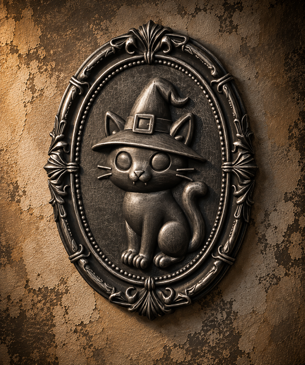 The Familiar's Ward — Witch Cat Wall Plaque, Gothic Halloween Wall Decor