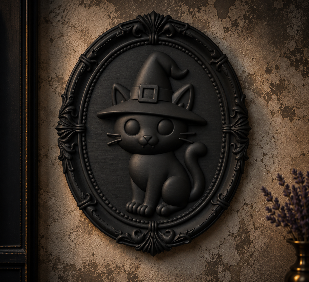 The Familiar's Ward — Witch Cat Wall Plaque, Gothic Halloween Wall Decor