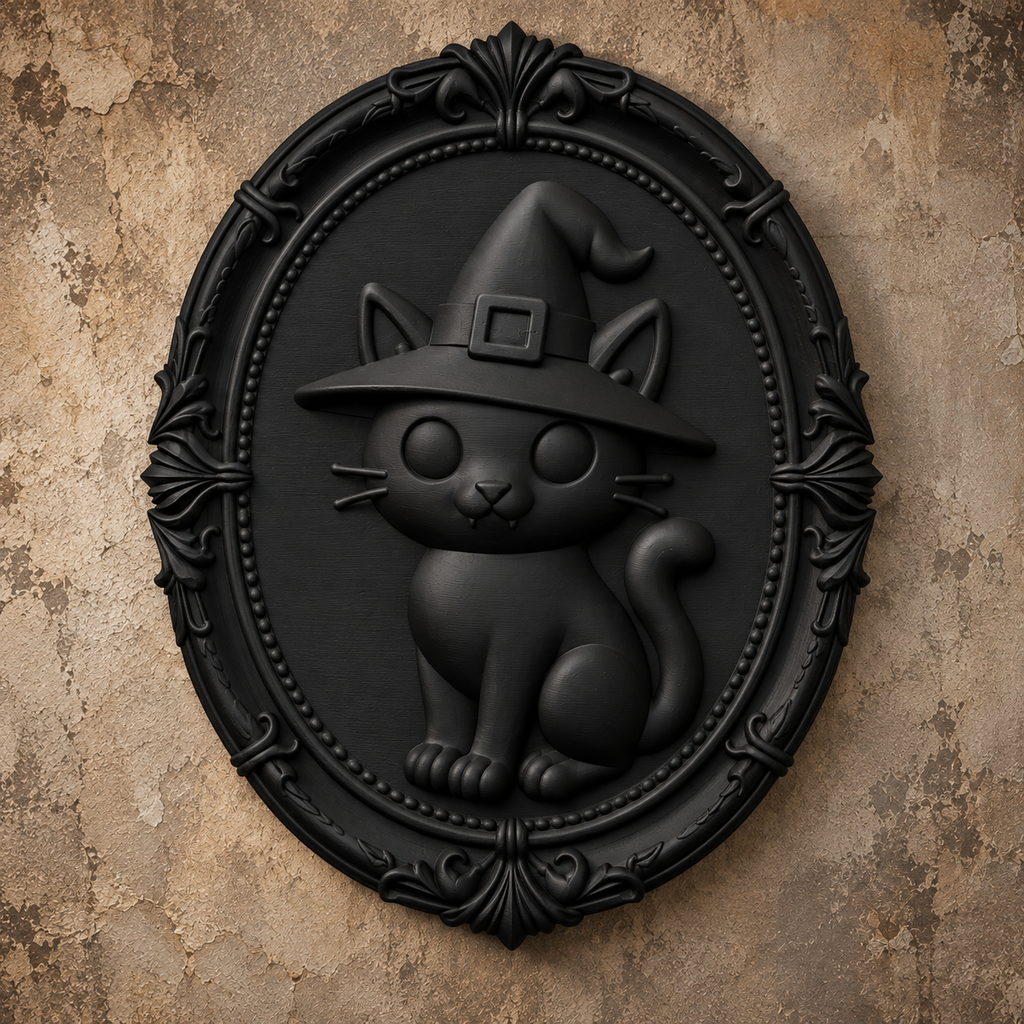 The Familiar's Ward — Witch Cat Wall Plaque, Gothic Halloween Wall Decor